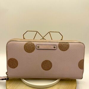 KATE SPADE Zip Around Pink Wallet with Gold Glitter Polka Dots